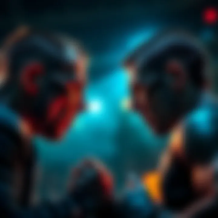 Two competitors face off in a dramatic rivalry scene, showcasing tension and determination.