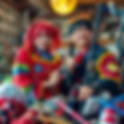 Riyo and Tomme showcasing their vibrant Gachiakuta cosplay outfits, depicting colorful characters with impressive details, surrounded by materials used for crafting their costumes.