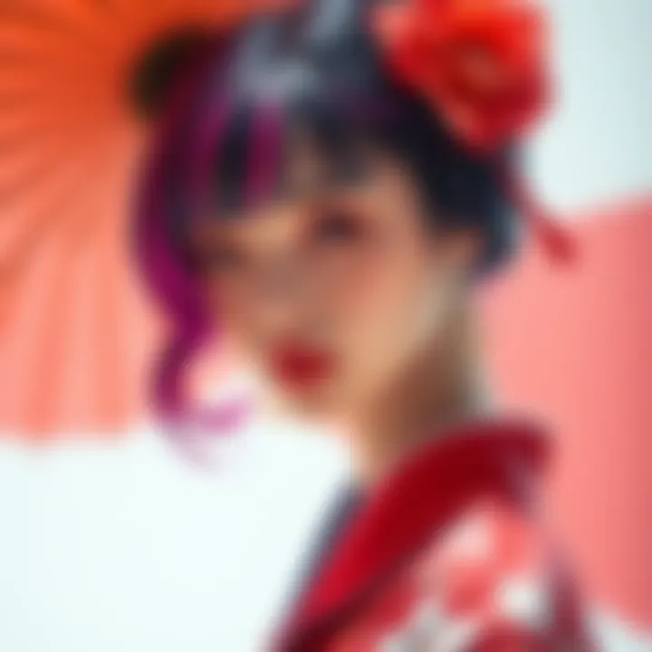 Riyo's hairstyle mimics a higanbana flower with vibrant colors, showcasing beauty and elegance in a striking pose.