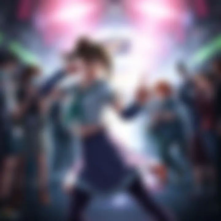 Riyo in a dynamic pose, showcasing a tactical stance during her latest appearance, with fans reacting in the background.
