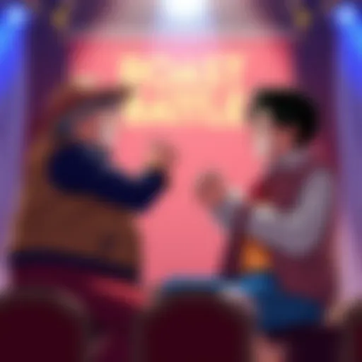 Luffy's adopted father and Deku's estranged dad exchanging funny jabs on stage during an epic roast battle