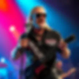 Rob Halford, lead singer of Judas Priest, wearing a bold Chopper shirt while performing, engaging with fans.