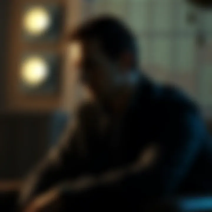 A character resembling Roberto with a thoughtful expression, sitting in a dimly lit room, contemplating his past, with shadows creating a dramatic effect.
