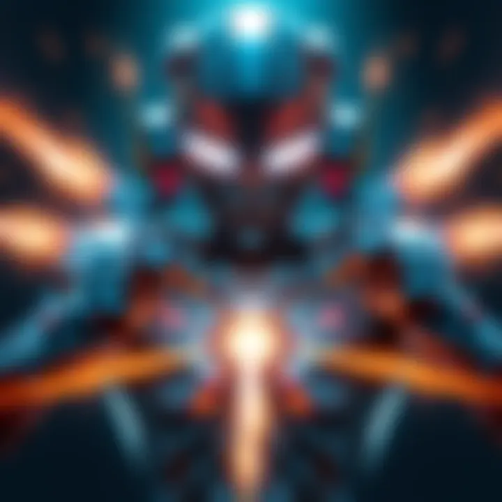 A character transforming into a robot human with metallic features, glowing eyes, and energy beams shooting from its arms.