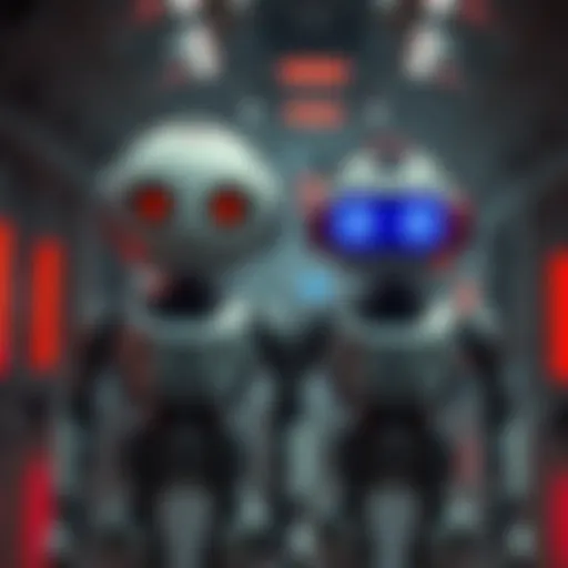 Robots resembling TV characters Two robots that look like characters from a lesser-known show, standing in a futuristic setting.