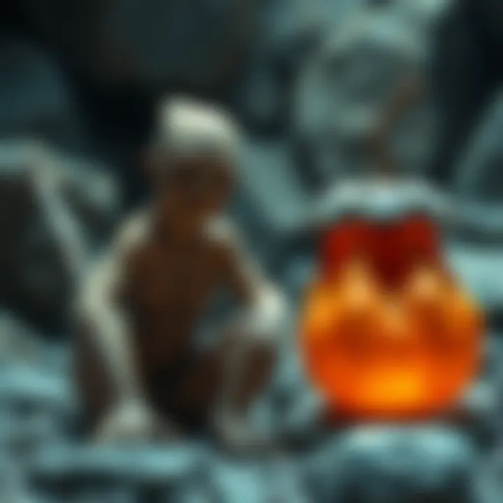 A depiction of rock humans beside the Rokakaka fruit, illustrating their unique features. The rock humans appear stone-like with humanoid shapes, while the Rokakaka fruit has a bright, unusual appearance. A background showing symptoms of rock disease is faintly visible.