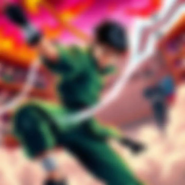 Rock Lee performing a dynamic martial arts move, showcasing his determination and skill, surrounded by a vibrant backdrop of fans discussing Naruto.