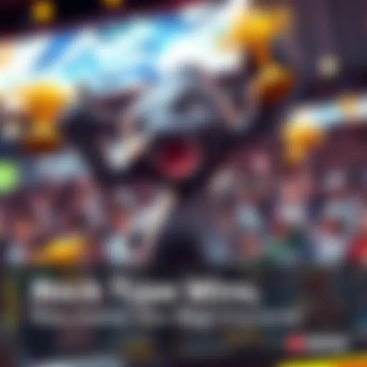 A dynamic rock type character celebrating a win in a gaming setting with cheering fans and trophies in the background.