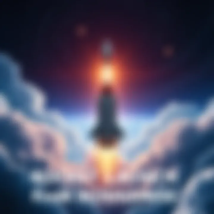 A detailed scene of a rocket launching into space with a backdrop of clouds and stars, showcasing the ambition of space exploration from the animated film.