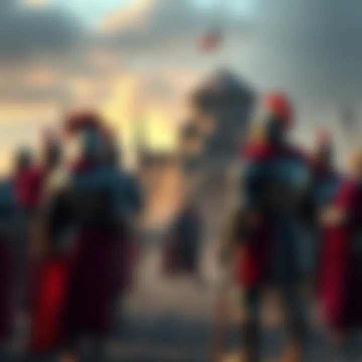 Rocks, exhausted from his battle against Garling, stands weary as nine armored knights prepare to confront him.