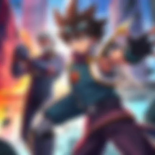 Rocks D Xebec showing strength with a fierce expression, standing confidently against an old generation character, with a vibrant background illustrating the rivalry in the genre.