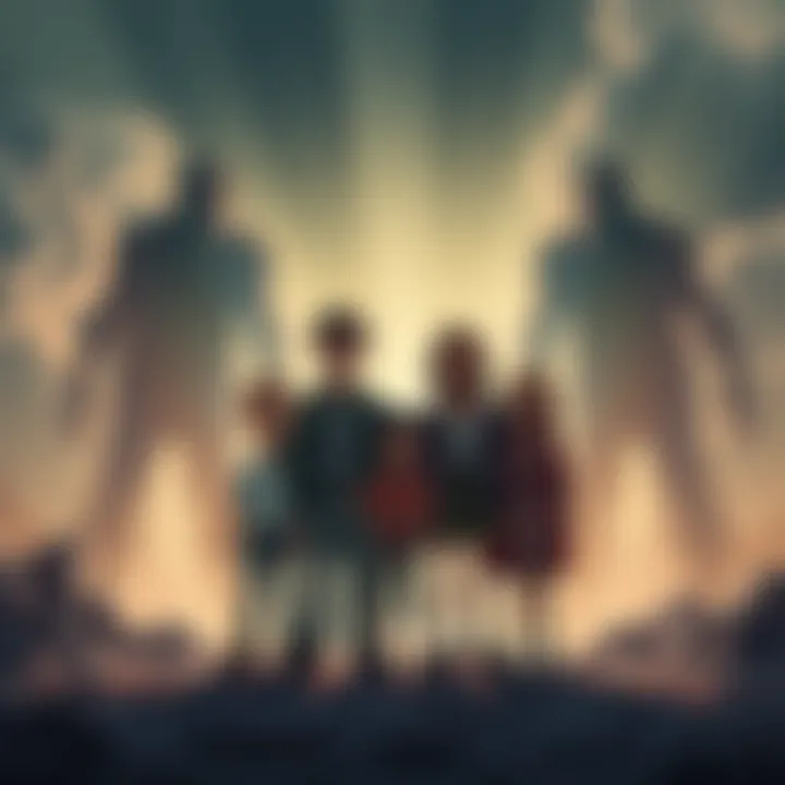 Rocks's family in distress A family standing together, looking worried and confused, surrounded by shadows representing giants, symbolizing their struggle and downfall.