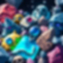 A collection of different rocks symbolizing themes from Jojo's Bizarre Adventure, with notable stone masks and cosmic elements.