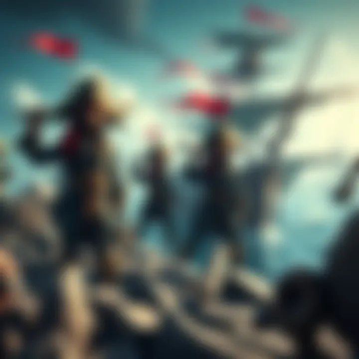 The Rocks Pirates standing triumphantly at Marineford, replacing the Whitebeard Pirates, with a chaotic scene of ships and crew in the background.