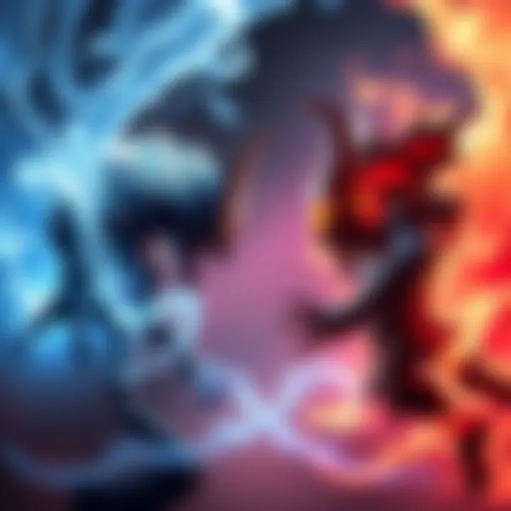 Rocks and Imu facing each other in an intense duel surrounded by swirling energy, showcasing their powerful abilities.