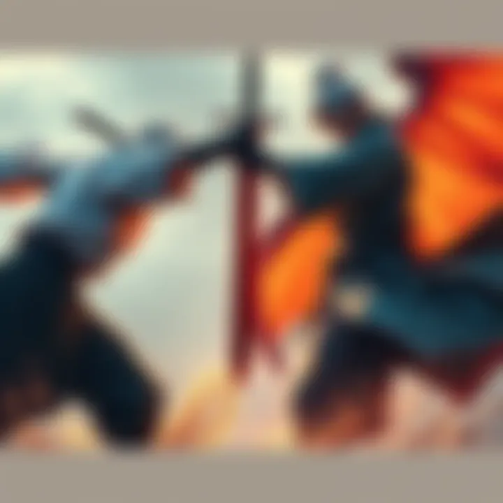 A one-armed swordsman faces off against a two-armed swordsman in an intense duel, showcasing their swordsmanship and haki skills.