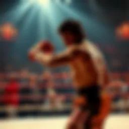 Rocky Balboa throwing a punch in a boxing ring surrounded by fans