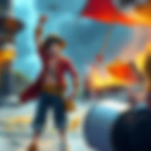 Roger stands proudly with treasure while Imu watches in the background, hinting at a hidden connection.