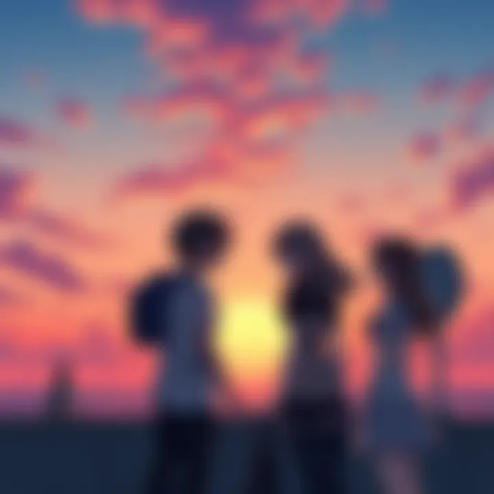 Characters from a romance anime discussing whether their story will be fully animated or cut short, with a sunset backdrop