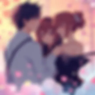 Romance anime characters together A vibrant scene featuring popular romance anime characters in a heartfelt moment, set against a dreamy background with soft colors.