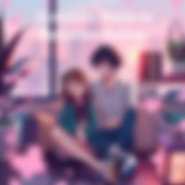 A cozy scene of two characters sitting together, sharing a moment in a modern setting, surrounded by soft pastel colors, representing the theme of simple love stories.