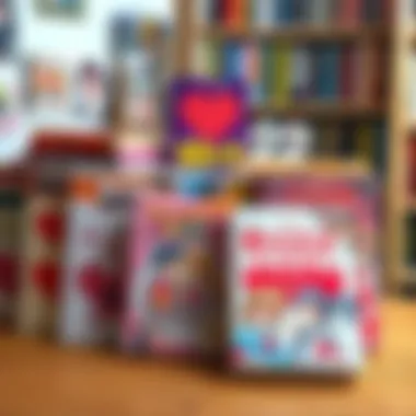 A display of various short romance manga books with colorful covers on a wooden table, featuring heart motifs and characters in love, perfect for collectors in 2025.