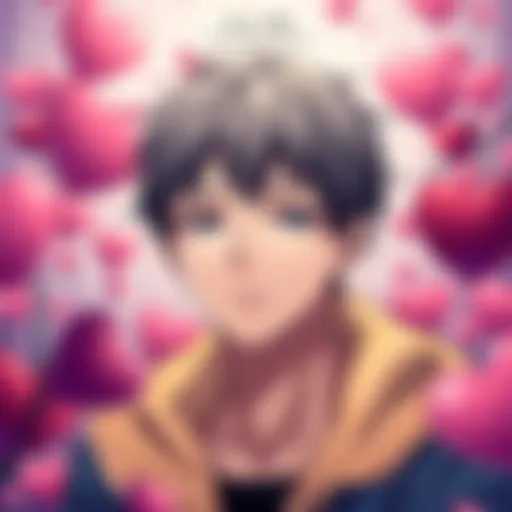 A young male character with downcast eyes reflecting on love and self-worth, surrounded by romantic elements.