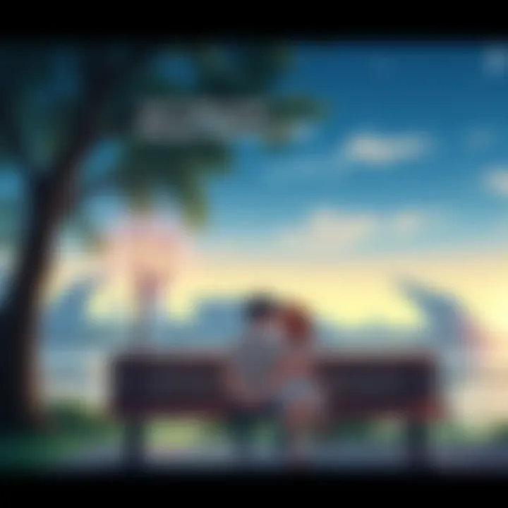Romantic anime scene A couple sitting together on a park bench, sharing a quiet moment, surrounded by nature.