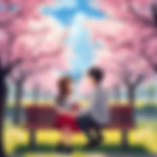 A happy couple sitting on a bench in a park, surrounded by cherry blossom trees, sharing a lighthearted moment together