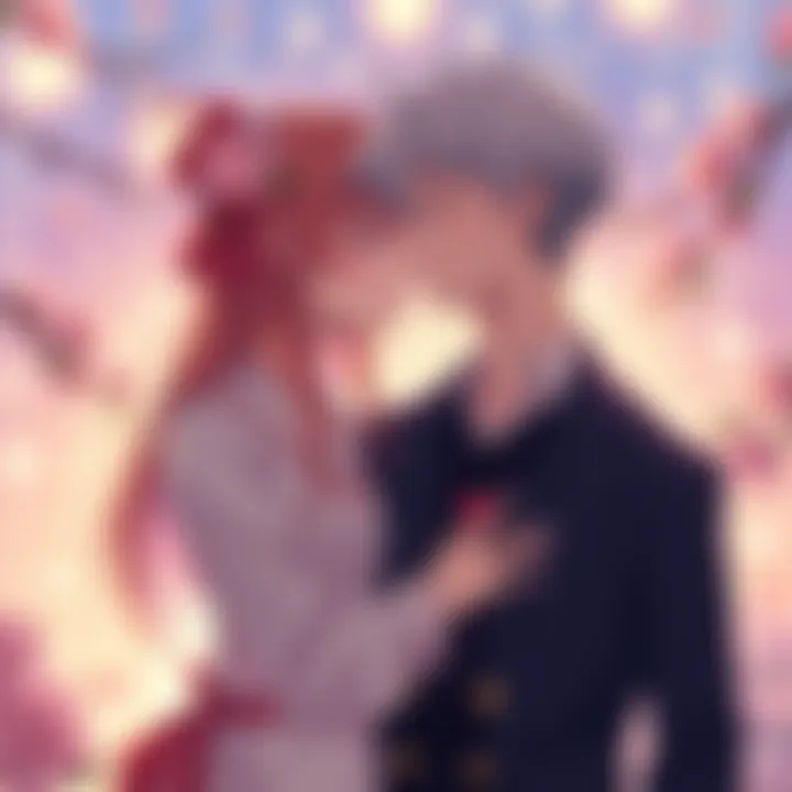 Romantic anime characters with age gap Two anime characters, a young woman and an older man, share a tender moment in a romantic setting with soft colors and floral accents.