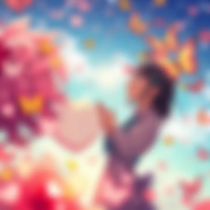 Two animated characters in a romantic scene, surrounded by colorful butterflies, expressing love and joy