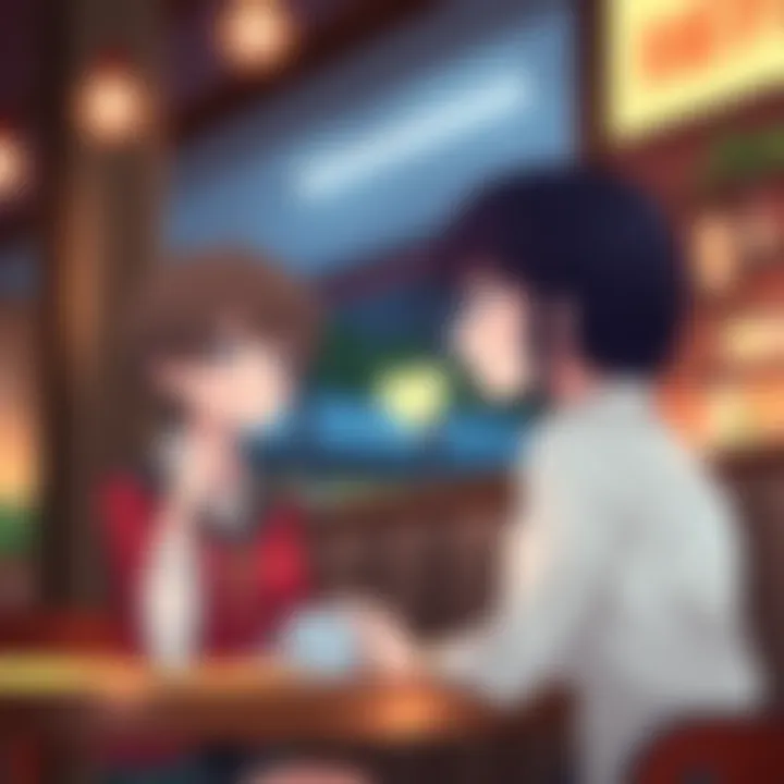 Two anime characters sitting in a café, deep in thought, with a cozy ambiance around them