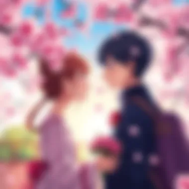 Romantic Anime Characters A scene featuring two main characters from a romance anime, sharing a heartfelt moment under cherry blossoms, with smiles on their faces.