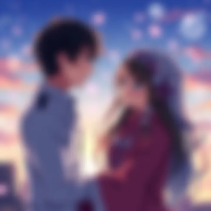 Two anime characters in a romantic setting, smiling at each other with a soft background