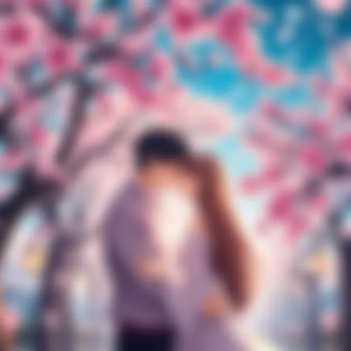 A couple in a warm embrace under cherry blossom trees, symbolizing love and connection in a romantic anime setting