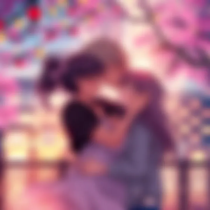 A pair of characters in a passionate embrace, with beautiful animated backgrounds showcasing vibrant colors and emotions.