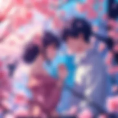 Romantic Anime Scene A couple sharing a sweet moment in a vibrant anime setting with cherry blossoms