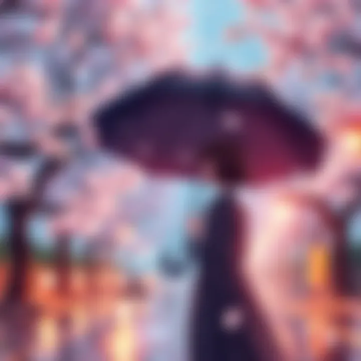 Romantic Anime Scene A cozy scene with two characters sharing an umbrella in the rain, surrounded by cherry blossom trees, evoking feelings of warmth and love.