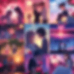 Collage of memorable romantic moments from various anime series featuring couples in different settings.