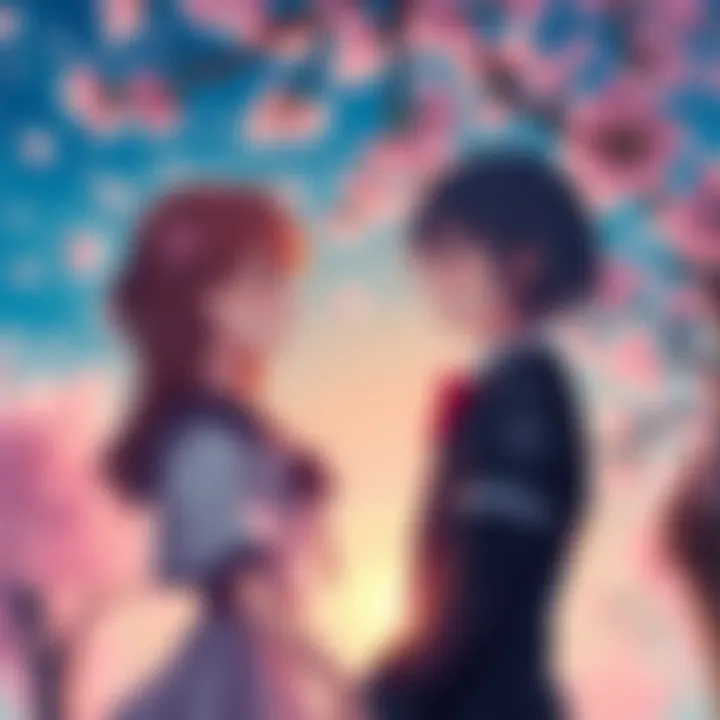 Two high school characters sharing an emotional moment under cherry blossoms, with a dreamy background