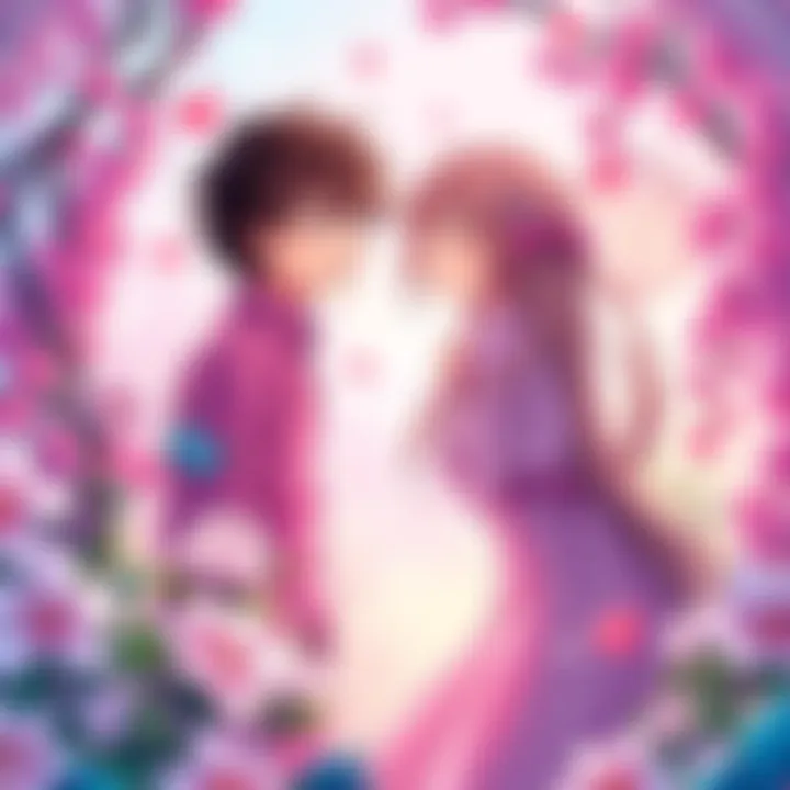 Romantic Comedy Anime Cover A vibrant anime couple in a playful romantic setting, featuring flowers and soft colors, capturing the essence of love and laughter.