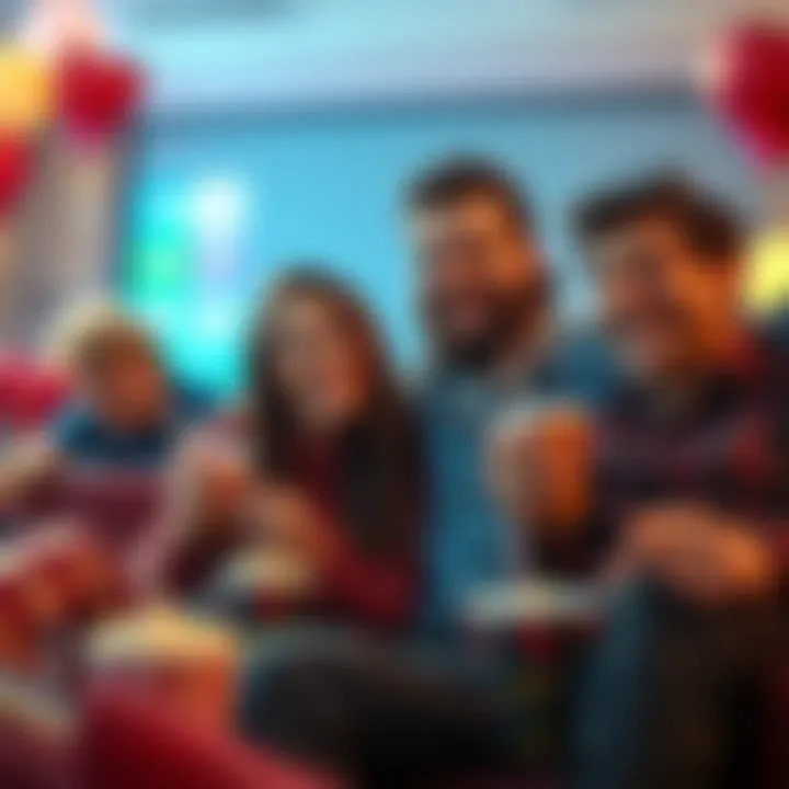 Romantic Comedy Movie Scene A joyful couple watching a romantic comedy together, surrounded by popcorn and drinks, with smiles on their faces.