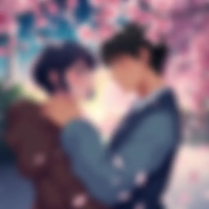 A young couple in a close embrace, showing expressions of jealousy and affection, surrounded by cherry blossoms.