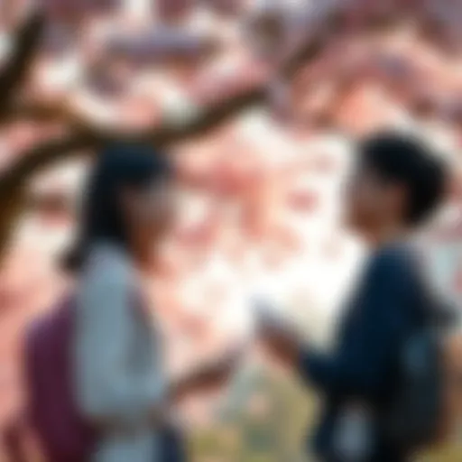 Two high school students from different schools meet under a cherry blossom tree, exchanging shy smiles and notes, with colorful school uniforms on display.