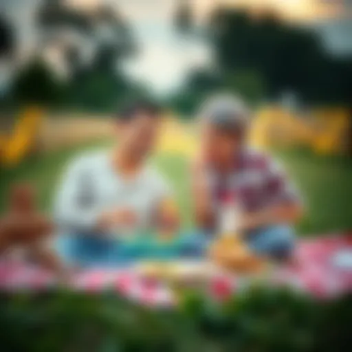 A couple sitting on a picnic blanket, smiling and sharing a meal outdoors, symbolizing mature relationships in romance.