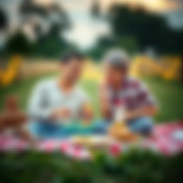 A couple sitting on a picnic blanket, smiling and sharing a meal outdoors, symbolizing mature relationships in romance.