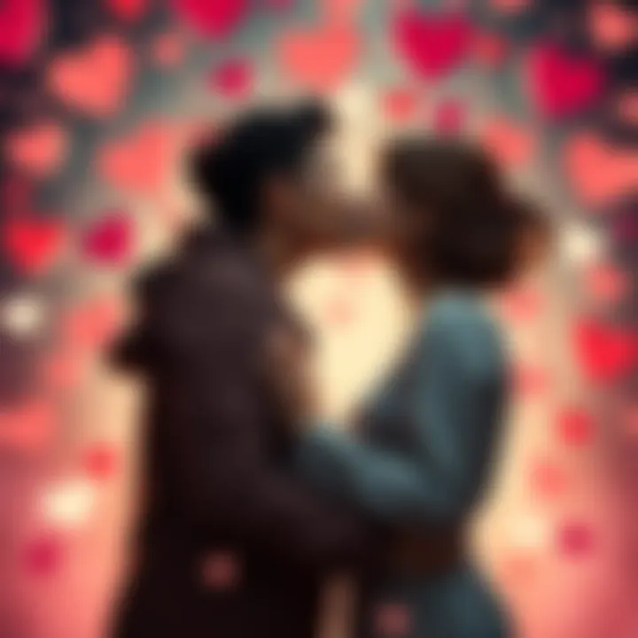 A couple sharing a playful kiss, surrounded by hearts, symbolizing love and affection.