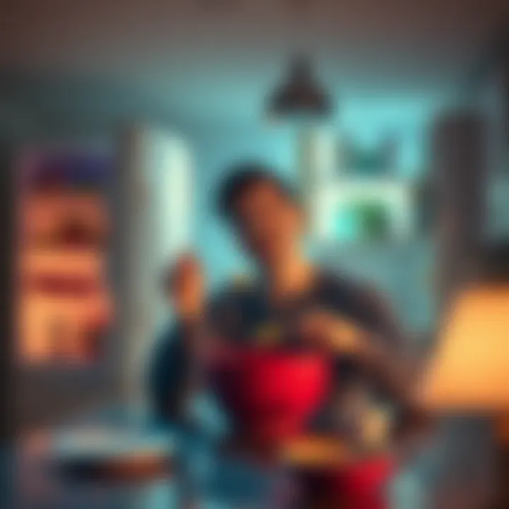A person sitting at a kitchen table, happily eating from a bowl while looking at an empty fridge