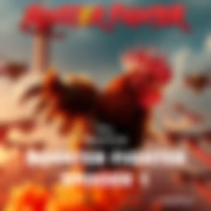 A fierce rooster in action amidst cranes, showcasing the thrilling moments of Rooster Fighter Episode 1