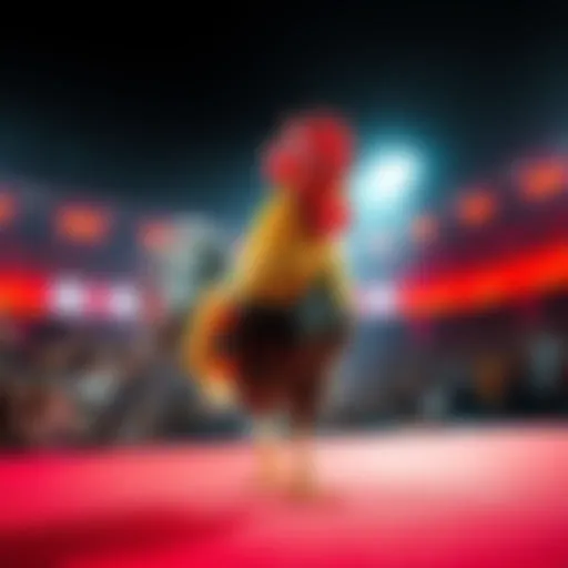A rooster ready for a fight in a lively arena, surrounded by cheering spectators at night.